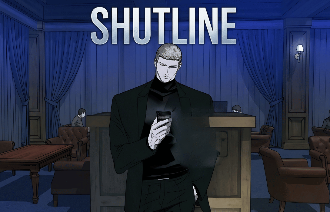 Jake Gillan from Shutline manhwa standing in a blue-lit lounge with jake shutline age profile overlay.