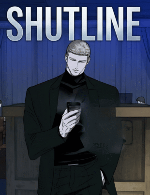 Jake Gillan from Shutline manhwa standing in a blue-lit lounge with jake shutline age profile overlay.