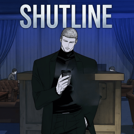 Jake Gillan from Shutline manhwa standing in a blue-lit lounge with jake shutline age profile overlay.
