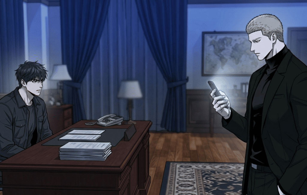 Jake Gillan holding a glowing phone while standing near Moon Shin-gun in a dimly lit office.