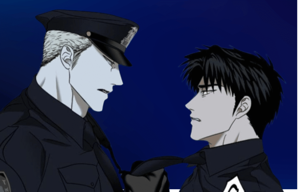 Jake and Moon Shin in police uniforms facing each other in shutline ch 83.