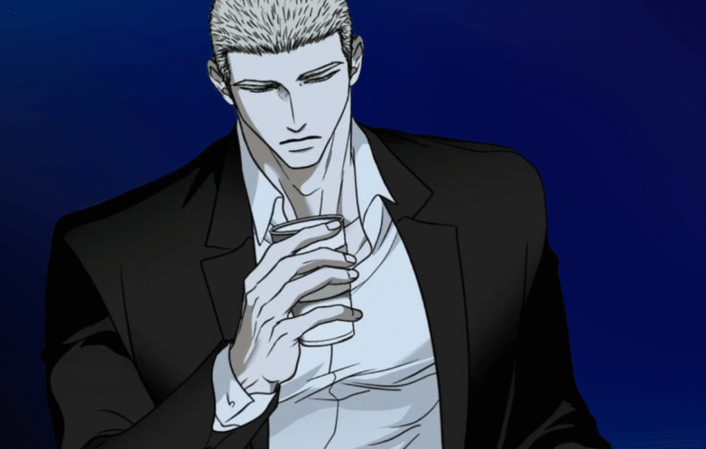 Jake Gillan holding a drink with a serious expression inn shutline ch 83. 