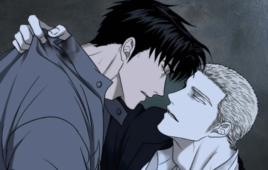 Moon Shin and Jake in a tense moment from Shutline bl comic.