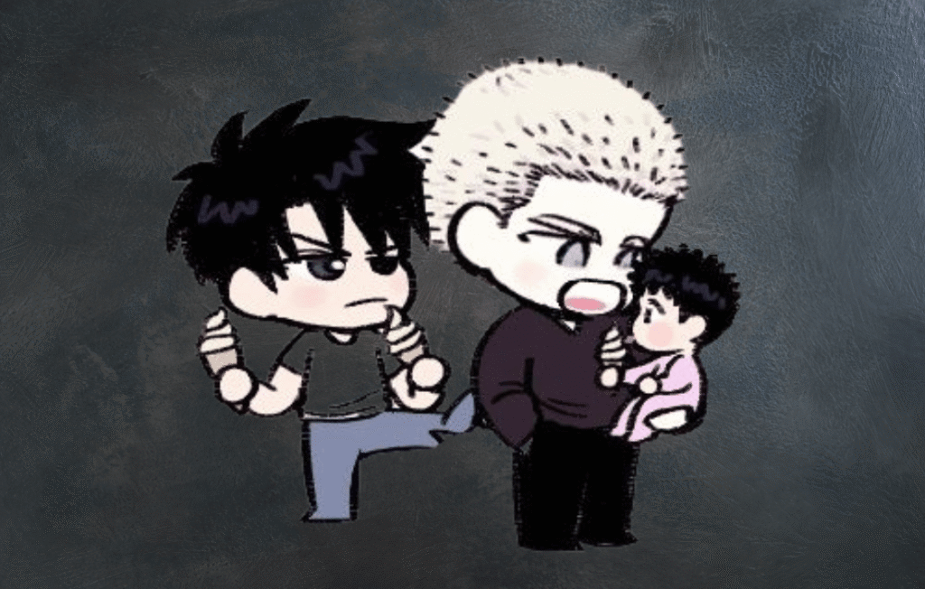 Chibi Shutline cutout animation characters with ice cream and a baby.