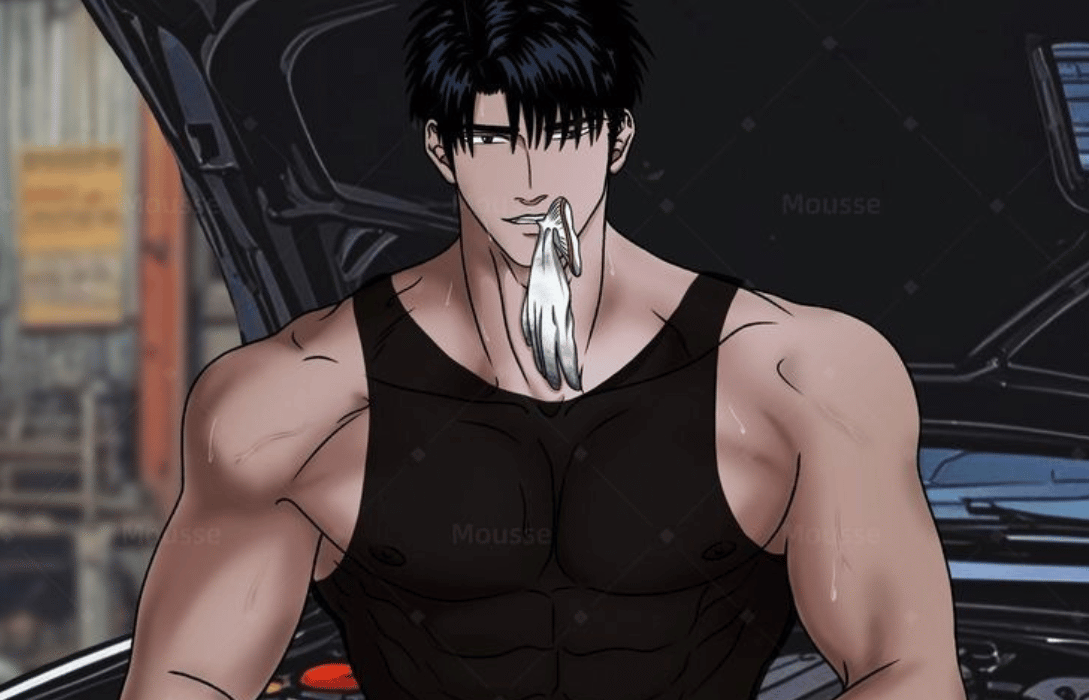 Muscular man shin in black tank top holding a glove in his mouth in shutline anime episode 1.