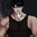 Muscular man shin in black tank top holding a glove in his mouth in shutline anime episode 1.