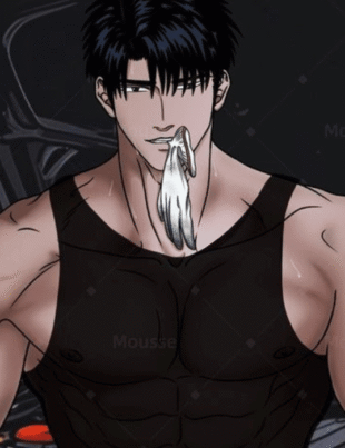 Muscular man shin in black tank top holding a glove in his mouth in shutline anime episode 1.