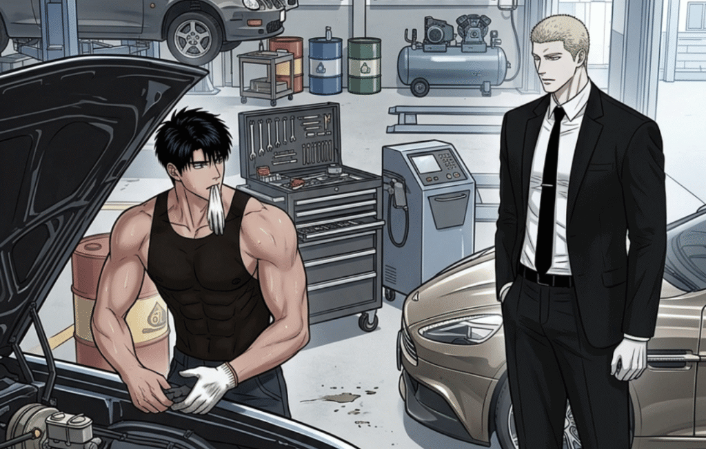 Two men from Shutline anime episode 1 in a garage with a car hood open.
