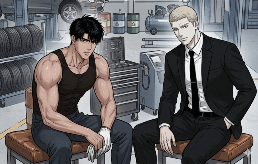 Shutline anime episode1 characters sit in an auto repair garage.