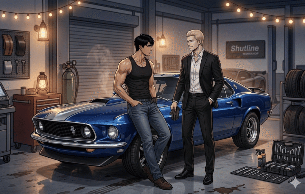 Shutline anime episode 1 characters stand by a blue muscle car in a garage.