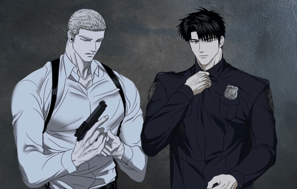 Two men from the manhwa Shutline reddit as cops.