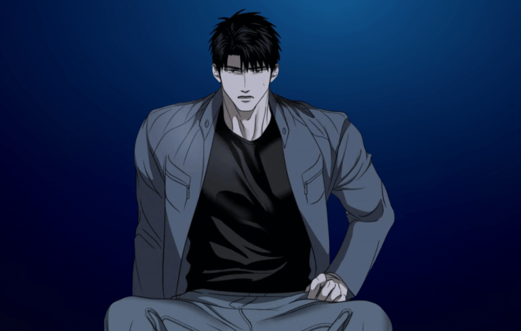 Moon Shingun from the manhwa Shutline sitting in a muscular pose wearing a grey utility jacket and black shirt against a dark blue background.