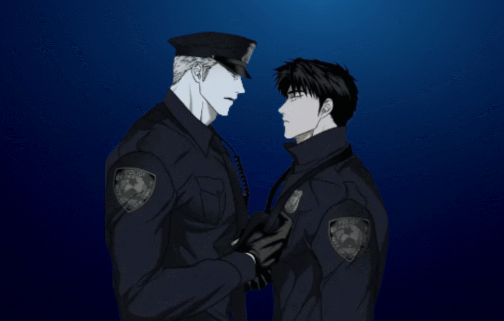 Manhwa illustration of Moon Shingun and Jake Gillan from Shutline in police officer uniforms standing close together against a dark blue background.