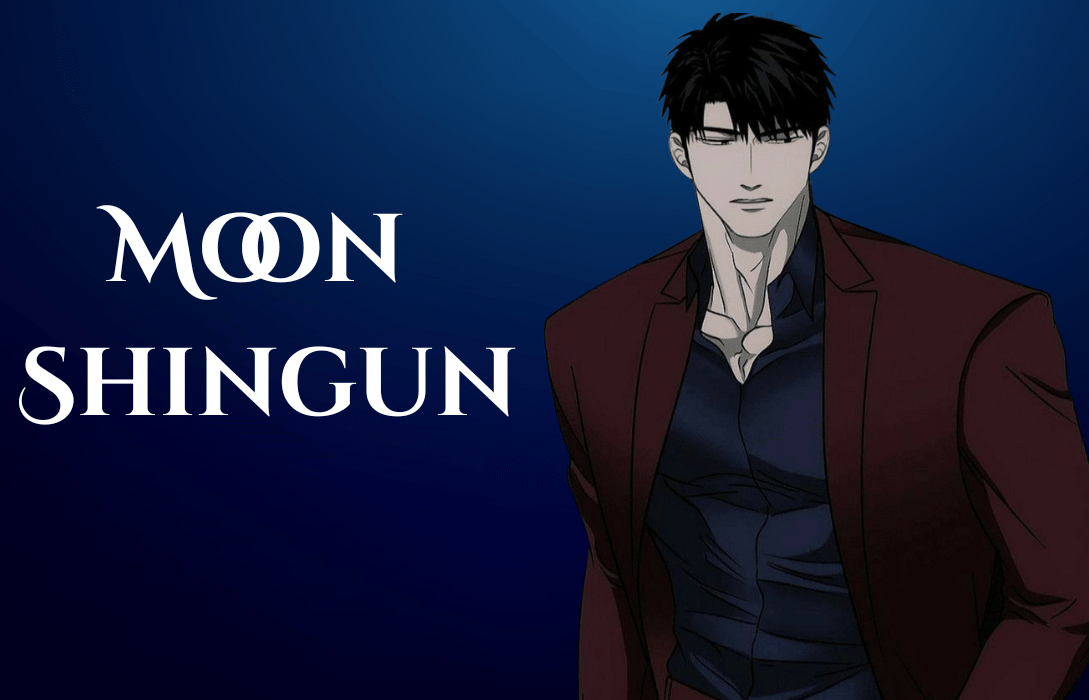 Digital illustration of Moon Shingun from the manhwa Shutline, wearing a dark maroon suit jacket over a navy blue button down shirt against a deep blue gradient background.