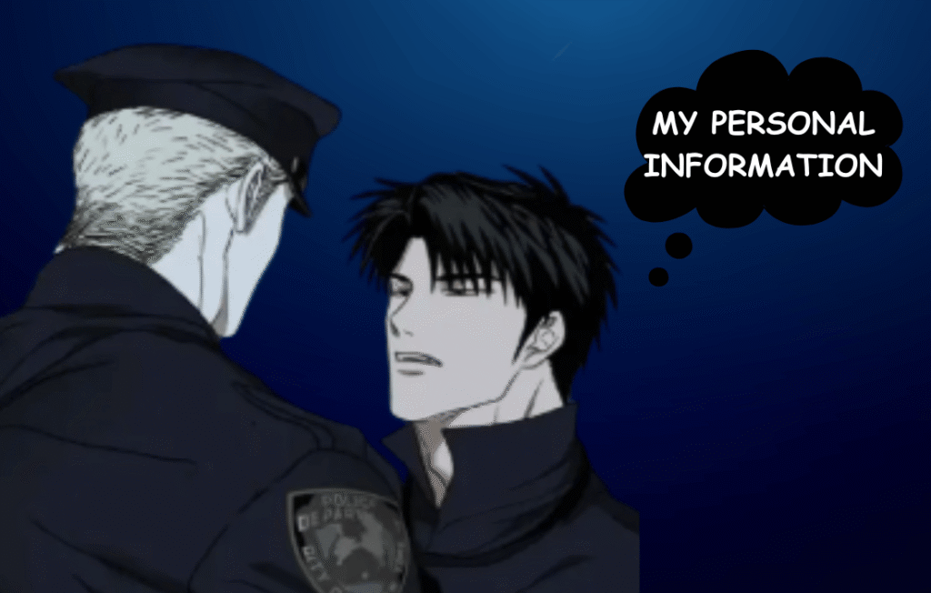 Close-up manhwa panel of Moon Shingun and Jake Gillan from Shutline in police uniforms with a thought shin that says 'MY PERSONAL INFORMATION