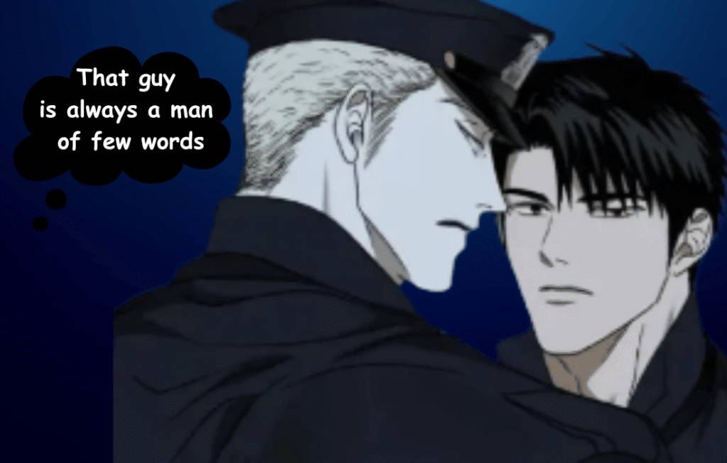 Manhwa panel from Shutline featuring Moon Shingun and Jake Gillan in police uniforms with a thought bubble stating That guy is always a man of few words.