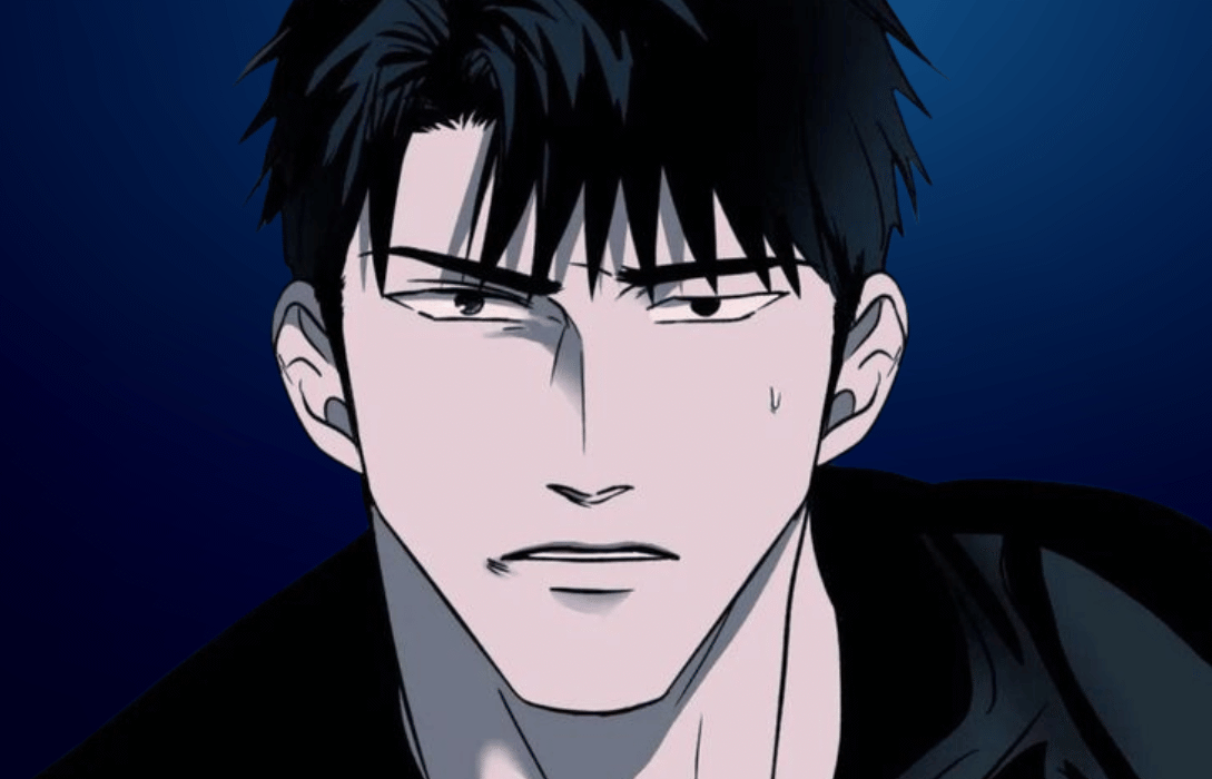 Intense close-up illustration of Moon Shingun from the Shutline manhwa featuring a brooding expression and dark messy hair against a deep blue background.Intense close-up illustration of Moon Shingun from the Shutline manhwa featuring a brooding expression and dark messy hair against a deep blue background.
