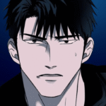 Intense close-up illustration of Moon Shingun from the Shutline manhwa featuring a brooding expression and dark messy hair against a deep blue background.Intense close-up illustration of Moon Shingun from the Shutline manhwa featuring a brooding expression and dark messy hair against a deep blue background.