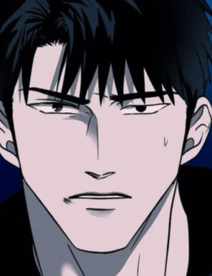 Intense close-up illustration of Moon Shingun from the Shutline manhwa featuring a brooding expression and dark messy hair against a deep blue background.Intense close-up illustration of Moon Shingun from the Shutline manhwa featuring a brooding expression and dark messy hair against a deep blue background.