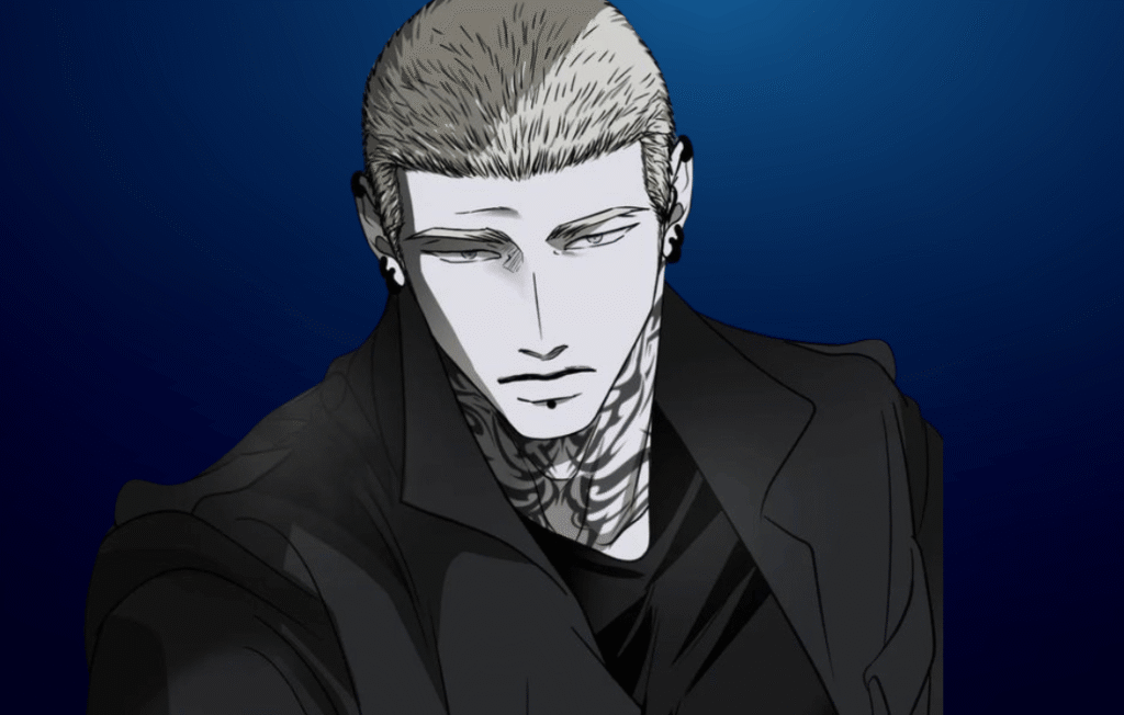 Close-up illustration of Jake Gillan from the Shutline manhwa featuring a buzzcut, neck tattoos, and black piercings against a deep blue background.