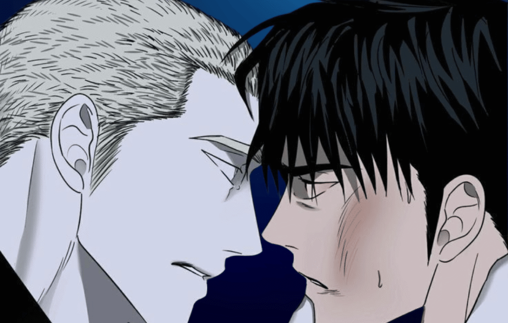 Close-up manhwa panel of Jake Gillan and Moon Shingun from Shutline in a high-tension, face-to-face confrontation against a dark blue background.