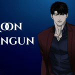 Digital illustration of Moon Shingun from the manhwa Shutline, wearing a dark maroon suit jacket over a navy blue button down shirt against a deep blue gradient background.