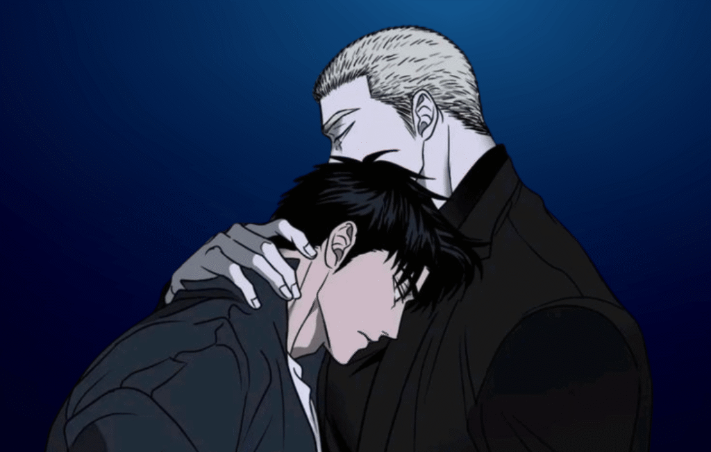 Emotional manhwa illustration from Shutline featuring Jake Gillan holding Moon Shingun close against a dark blue gradient background.