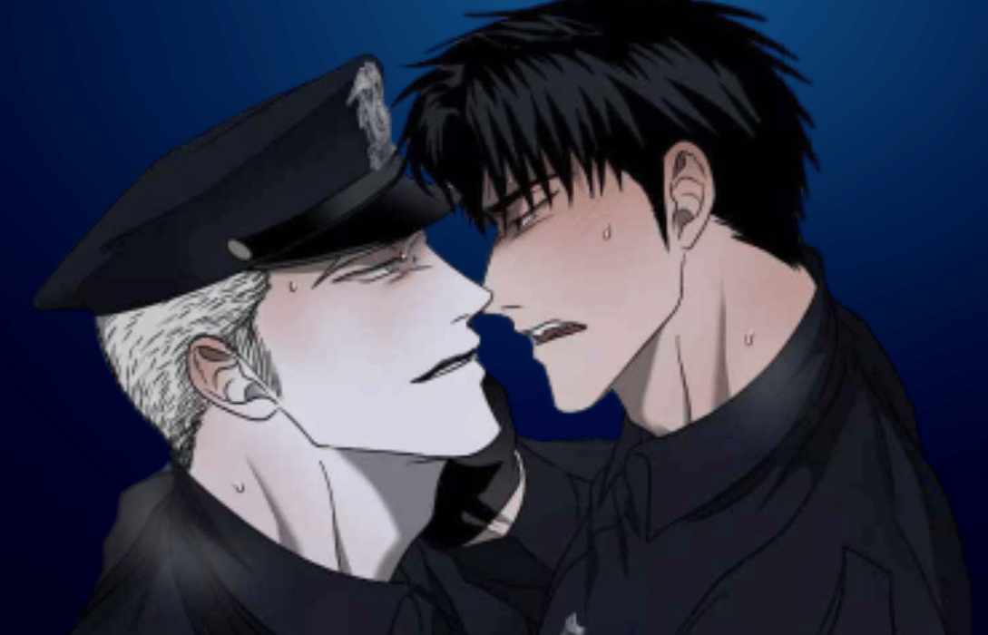 Close up manhwa panel from Shutline chapter 105 featuring Jake Gillan and Moon Shingun in police uniforms during an intense, high-tension moment against a dark blue background.