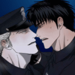 Close up manhwa panel from Shutline chapter 105 featuring Jake Gillan and Moon Shingun in police uniforms during an intense, high-tension moment against a dark blue background.