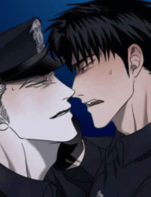 Close up manhwa panel from Shutline chapter 105 featuring Jake Gillan and Moon Shingun in police uniforms during an intense, high-tension moment against a dark blue background.