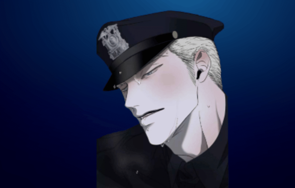 Detailed close-up panel from Shutline chapter 105 featuring Jake Gillan in a police officer uniform with an emotional expression and visible perspiration against a blue background.