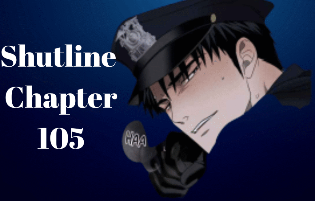 Close up manhwa panel of Moon Shingun from Shutline chapter 105 in a police officer uniform with an intense, flushed expression against a deep blue background.