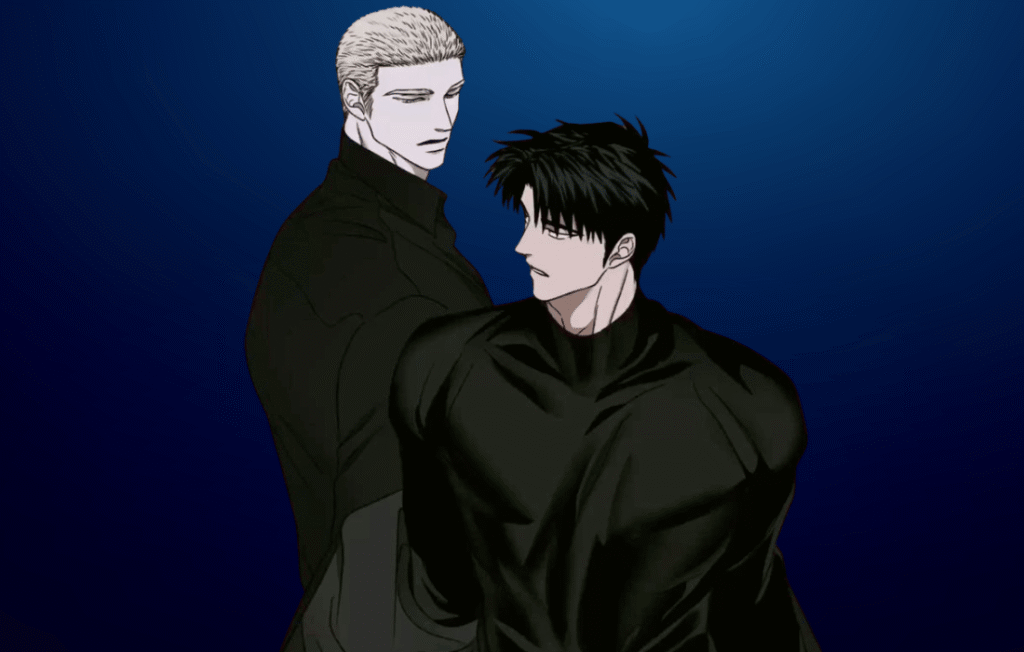 Manhwa illustration of Moon Shingun and Jake Gillan from Shutline wearing black outfits against a dark blue background.