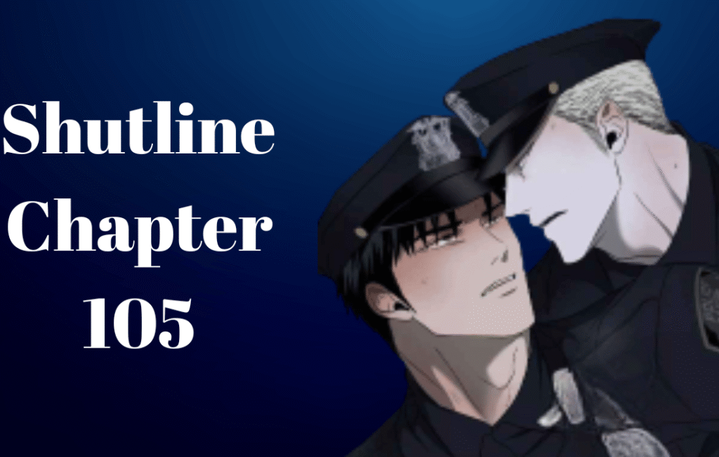Shutline chapter 105 manhwa panel featuring Moon Shingun and Jake Gillan in police uniforms leaning toward each other against a blue background.