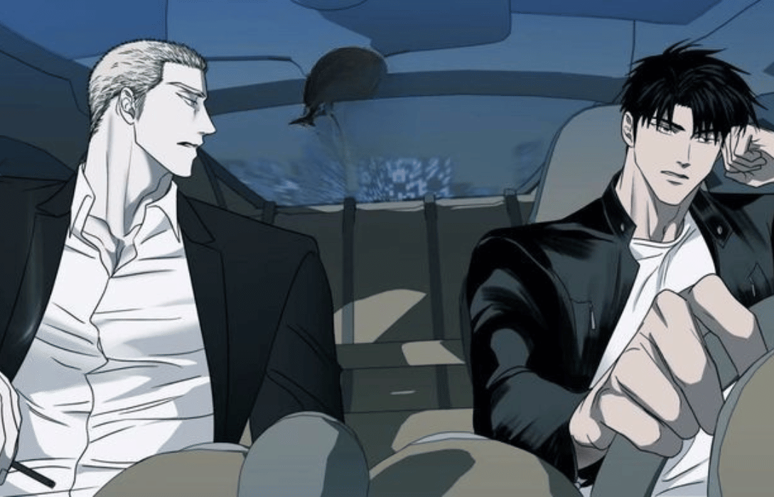 Shutline comic chapter panel featuring Jake Gillan and Moon Shingun sitting in a car together with an intense atmosphere.