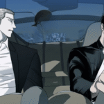 Shutline comic chapter panel featuring Jake Gillan and Moon Shingun sitting in a car together with an intense atmosphere.