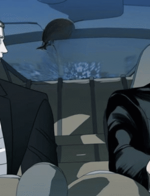 Shutline comic chapter panel featuring Jake Gillan and Moon Shingun sitting in a car together with an intense atmosphere.