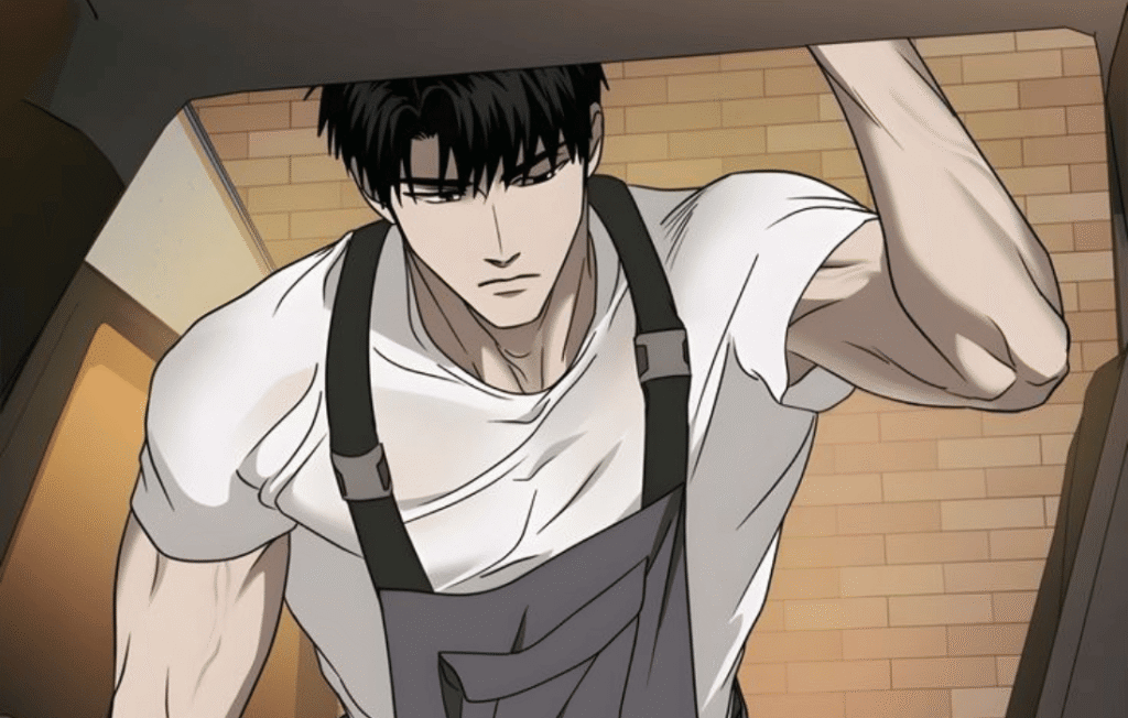 Illustration from a Shutline comic chapter featuring Moon Shingun in a white t-shirt and grey overalls leaning into a vehicle.