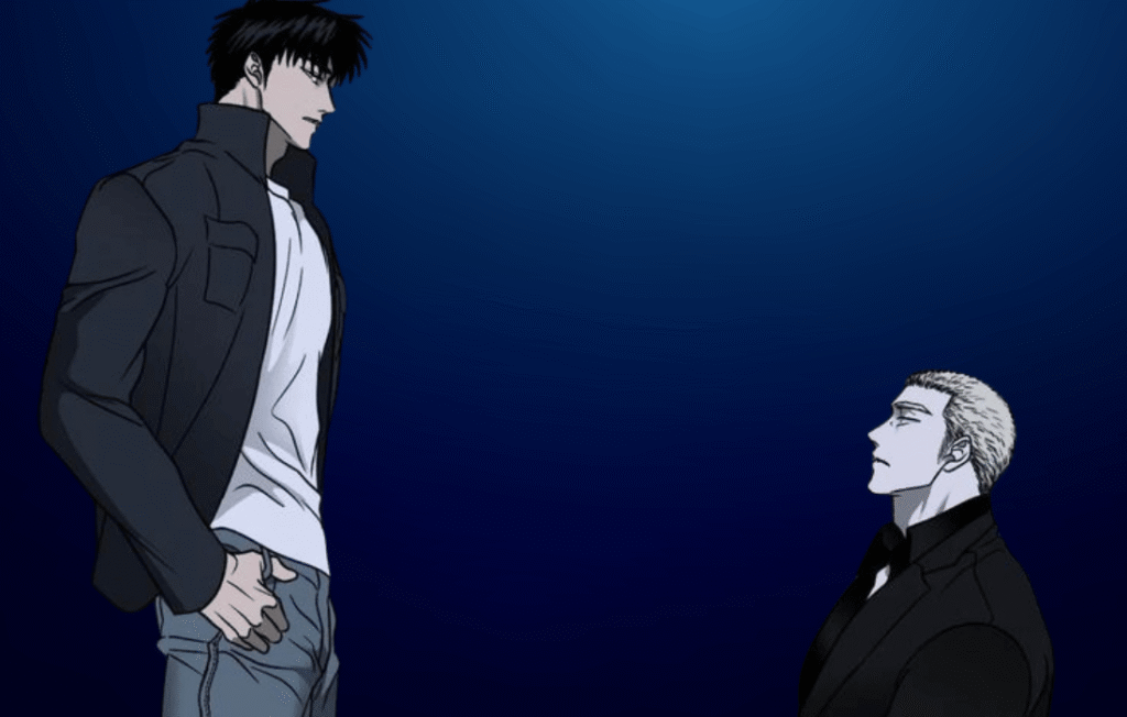 A dramatic manhwa panel from a Shutline comic chapter showing Moon Shingun standing over a seated Jake Gillan against a deep blue gradient background.