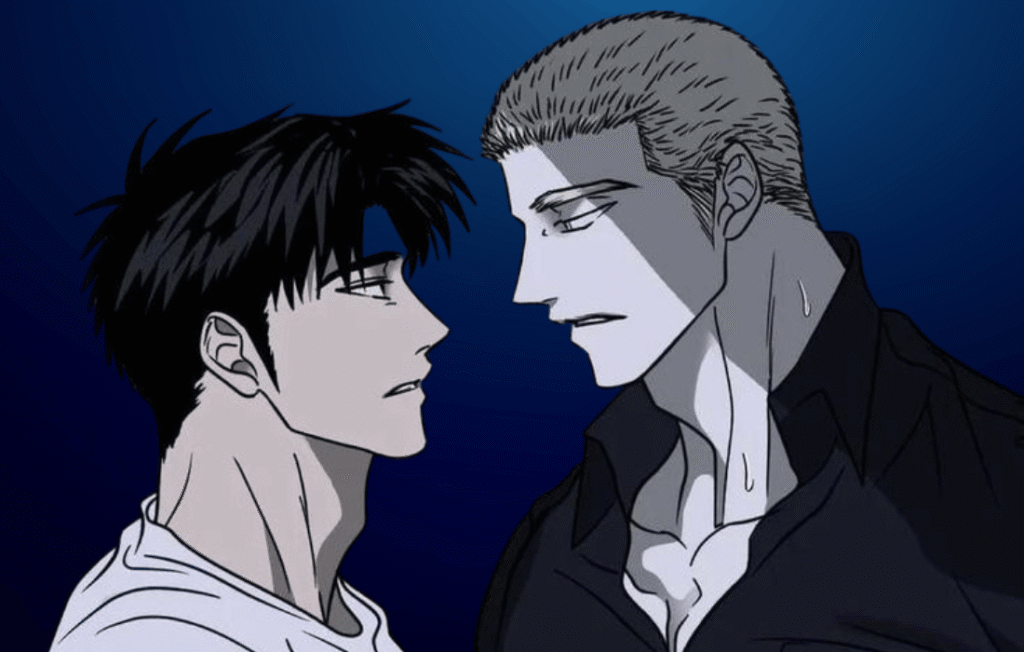 Intense side-profile manhwa panel from a Shutline comics chapter featuring Moon Shingun and Jake Gillan facing each other against a dark blue background.