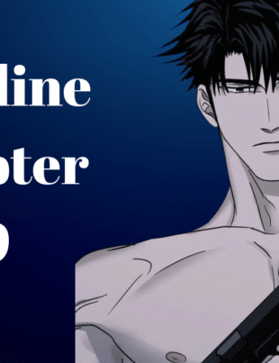 Shutline Chapter 19 manhwa title card featuring a shirtless, dark-haired male character holding a gun against a dark blue background.