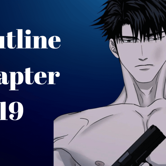 Shutline Chapter 19 manhwa title card featuring a shirtless, dark-haired male character holding a gun against a dark blue background.
