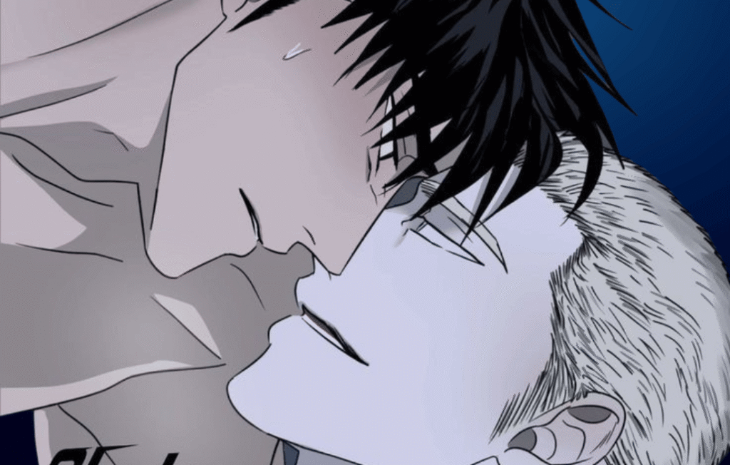 Shutline Chapter 19 manhwa scene showing a close-up profile of Moon Shingun and Jake Gillan face-to-face against a dark blue background.