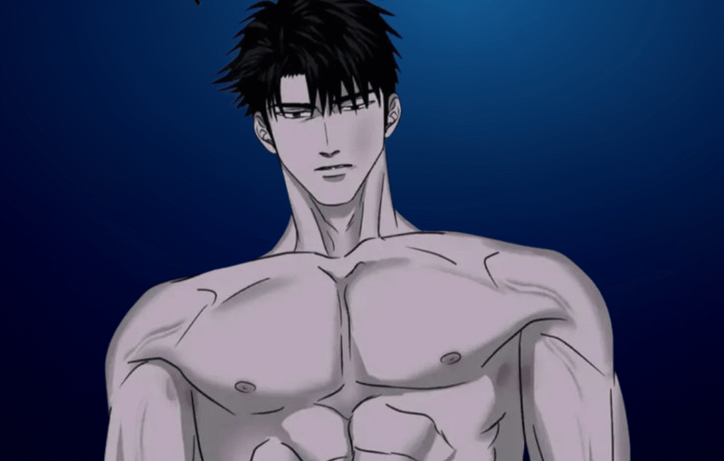 Shutline Chapter 19 manhwa panel showing a shirtless, muscular Moon Shingun looking forward against a dark blue background.