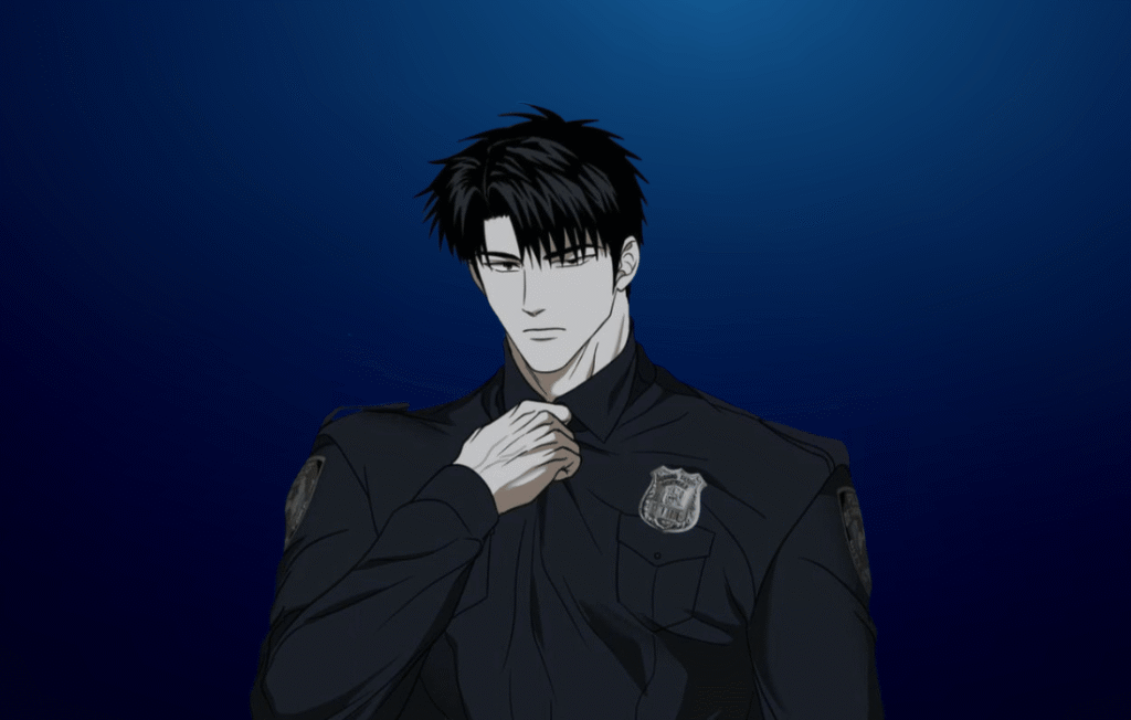 Manhwa illustration of Moon Shingun from Shutline wearing a dark police officer uniform with a badge against a deep blue background.