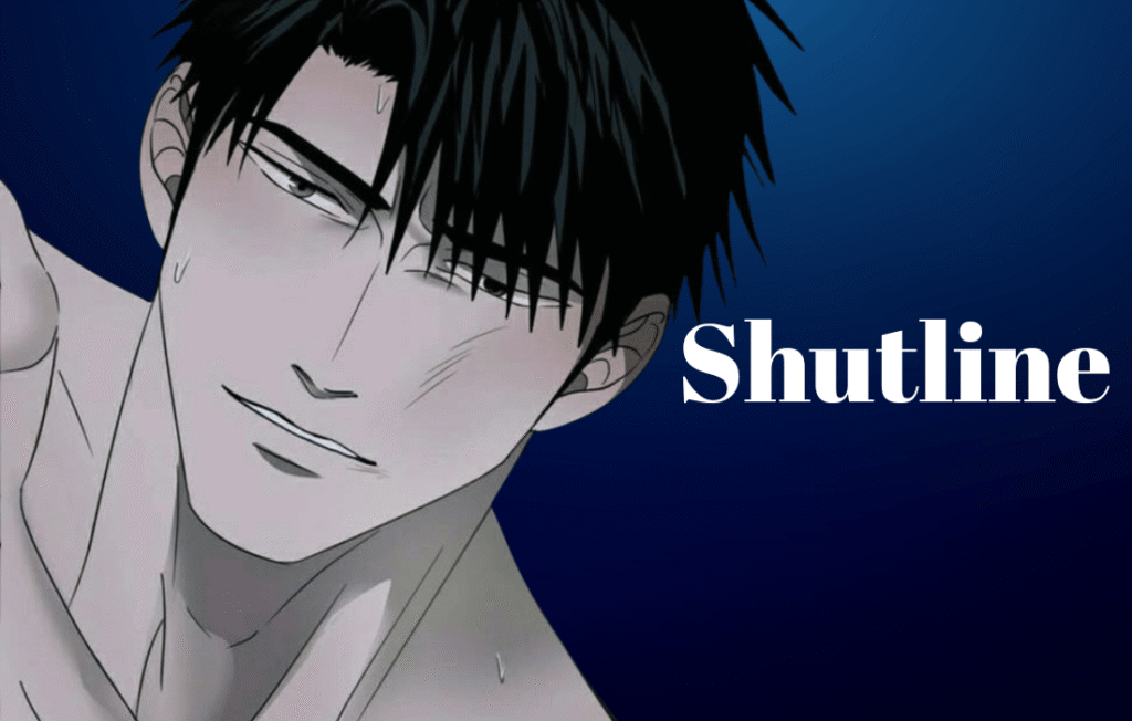 Shutline Chapter 19 manhwa graphic featuring a close-up of a smirking Moon Shingun with the white text title Shutline on a dark blue background.