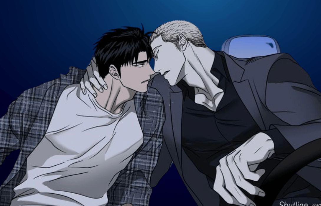 Shutline ch manhwa scene inside a car featuring Jake Gillan pulling Moon Shingun close against a dark blue background.