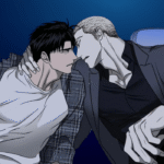 Shutline ch manhwa scene inside a car featuring Jake Gillan pulling Moon Shingun close against a dark blue background.