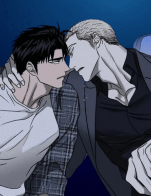 Shutline ch manhwa scene inside a car featuring Jake Gillan pulling Moon Shingun close against a dark blue background.
