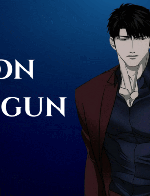 Digital illustration of Moon Shingun from the manhwa Shutline, wearing a dark maroon suit jacket over a navy blue button down shirt against a deep blue gradient background.